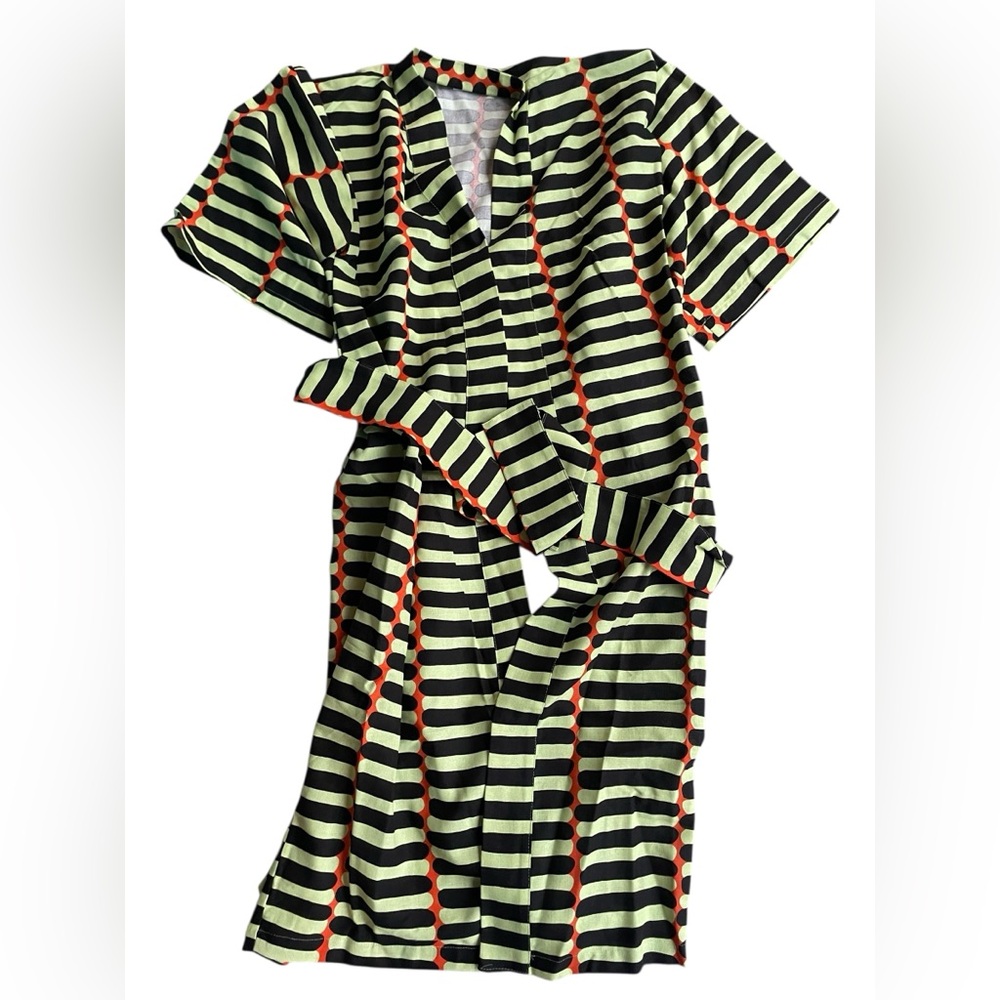 IKEA Striped Black and Green Kimono Robe with Red Accents